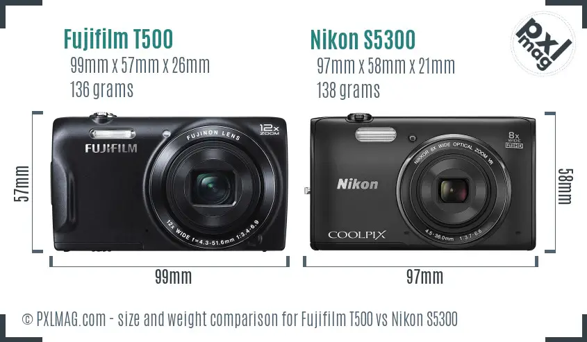 Fujifilm T500 vs Nikon S5300 size comparison