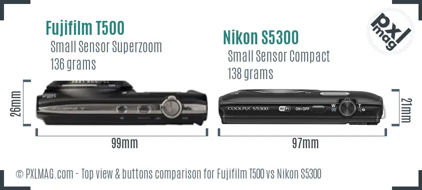 Fujifilm T500 vs Nikon S5300 top view buttons comparison