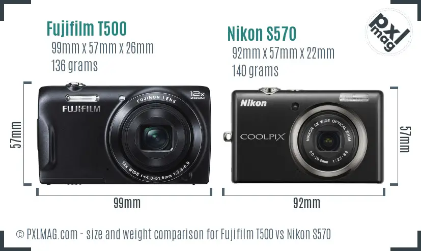 Fujifilm T500 vs Nikon S570 size comparison
