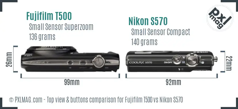 Fujifilm T500 vs Nikon S570 top view buttons comparison