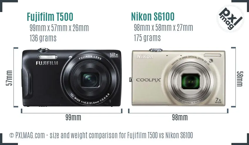 Fujifilm T500 vs Nikon S6100 size comparison