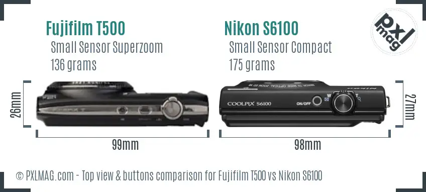 Fujifilm T500 vs Nikon S6100 top view buttons comparison