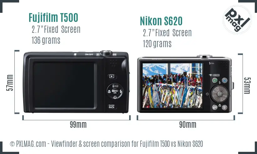 Fujifilm T500 vs Nikon S620 Screen and Viewfinder comparison