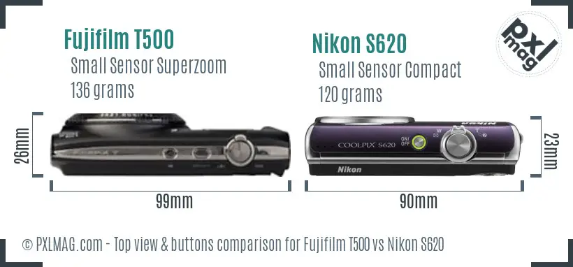Fujifilm T500 vs Nikon S620 top view buttons comparison