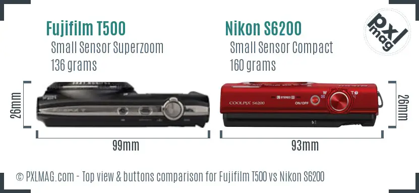 Fujifilm T500 vs Nikon S6200 top view buttons comparison