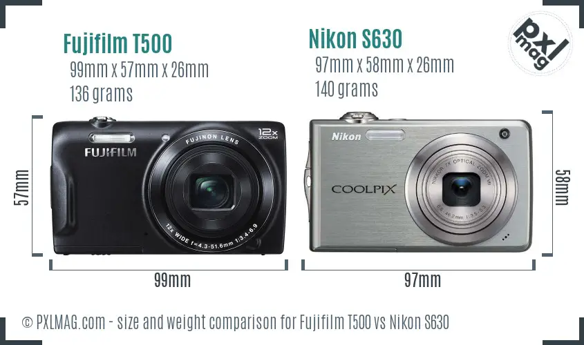 Fujifilm T500 vs Nikon S630 size comparison