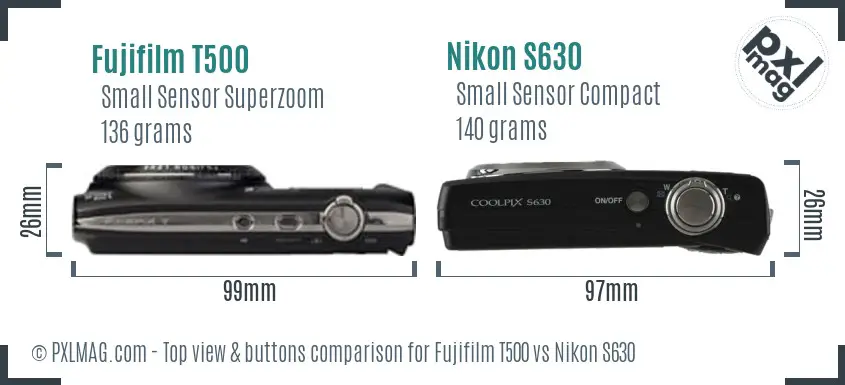 Fujifilm T500 vs Nikon S630 top view buttons comparison