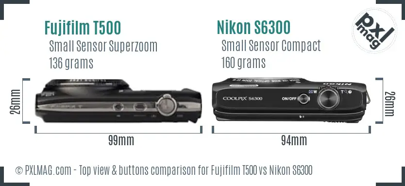 Fujifilm T500 vs Nikon S6300 top view buttons comparison