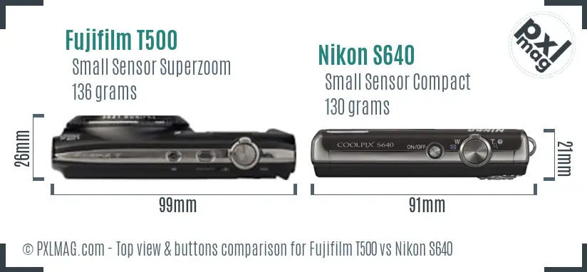 Fujifilm T500 vs Nikon S640 top view buttons comparison