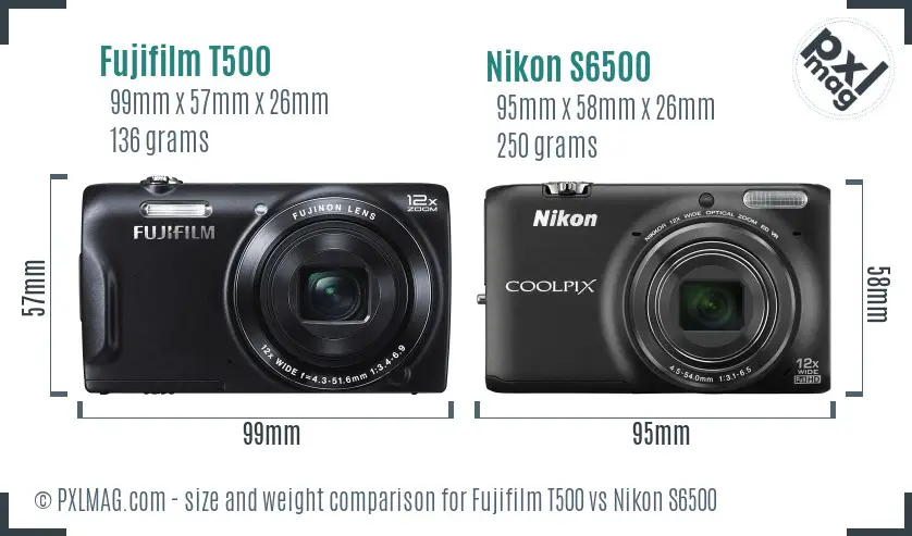 Fujifilm T500 vs Nikon S6500 size comparison