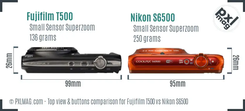 Fujifilm T500 vs Nikon S6500 top view buttons comparison