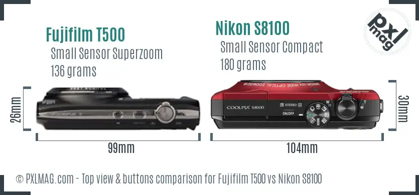 Fujifilm T500 vs Nikon S8100 top view buttons comparison