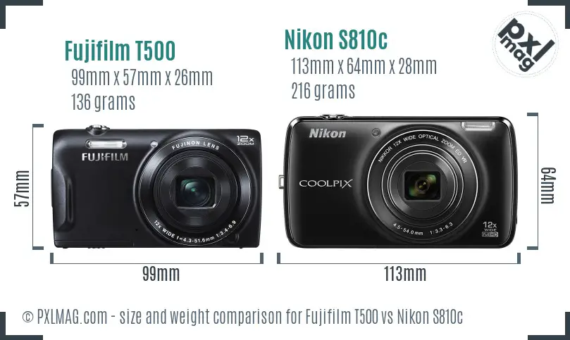 Fujifilm T500 vs Nikon S810c size comparison