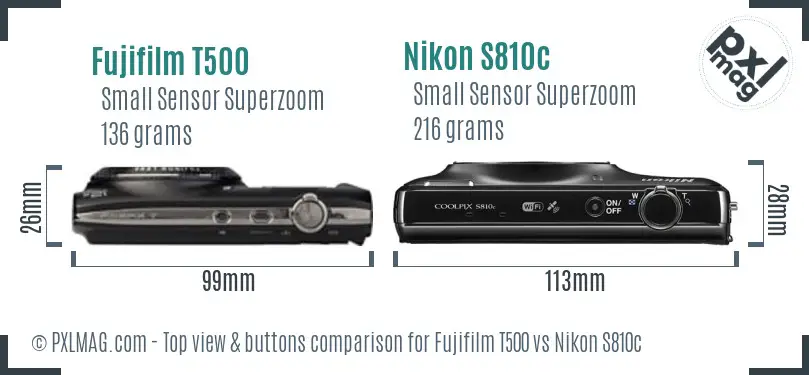 Fujifilm T500 vs Nikon S810c top view buttons comparison