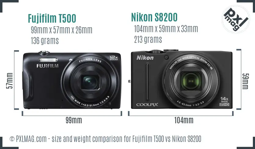 Fujifilm T500 vs Nikon S8200 size comparison