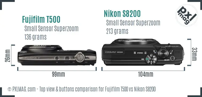 Fujifilm T500 vs Nikon S8200 top view buttons comparison