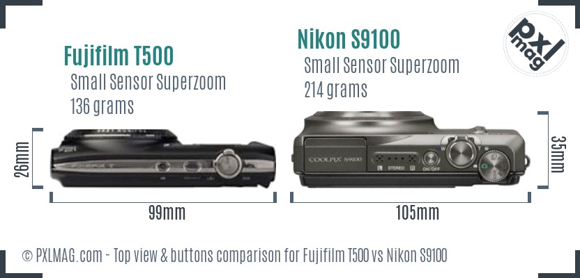 Fujifilm T500 vs Nikon S9100 top view buttons comparison