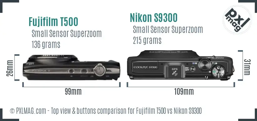 Fujifilm T500 vs Nikon S9300 top view buttons comparison