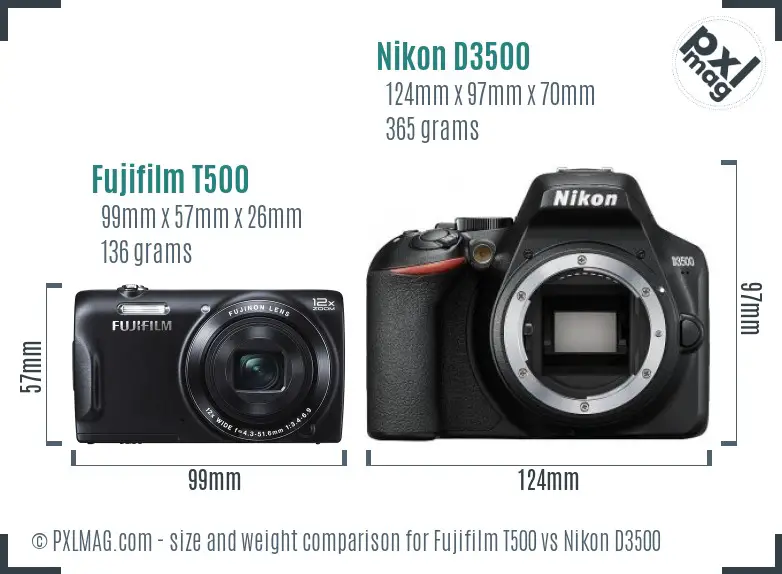 Fujifilm T500 vs Nikon D3500 size comparison