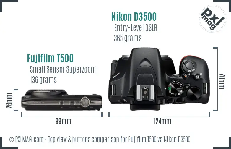 Fujifilm T500 vs Nikon D3500 top view buttons comparison