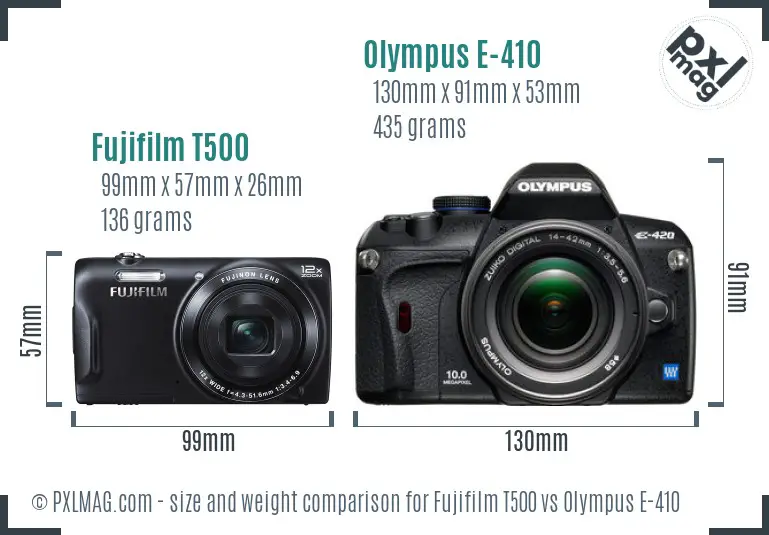 Fujifilm T500 vs Olympus E-410 size comparison