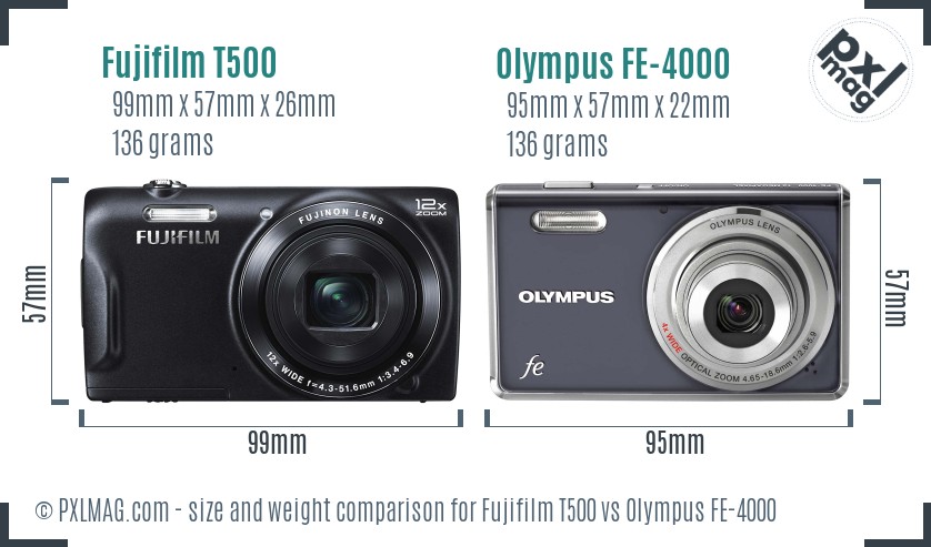 Fujifilm T500 vs Olympus FE-4000 size comparison Fujifilm T500 vs Olympus FE-4000 size comparison