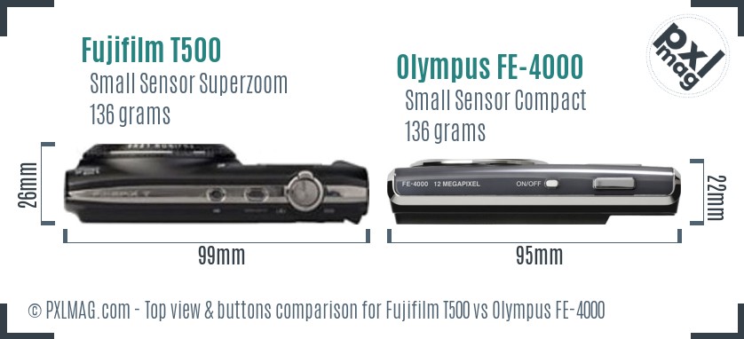 Fujifilm T500 vs Olympus FE-4000 top view buttons comparison