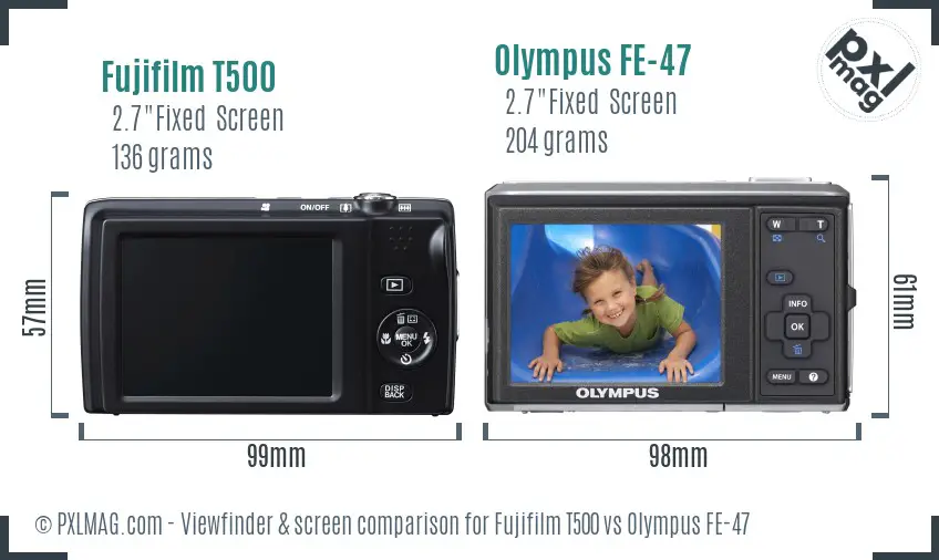 Fujifilm T500 vs Olympus FE-47 Screen and Viewfinder comparison