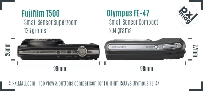 Fujifilm T500 vs Olympus FE-47 top view buttons comparison