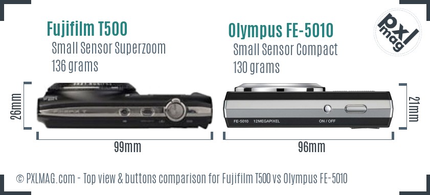 Fujifilm T500 vs Olympus FE-5010 top view buttons comparison