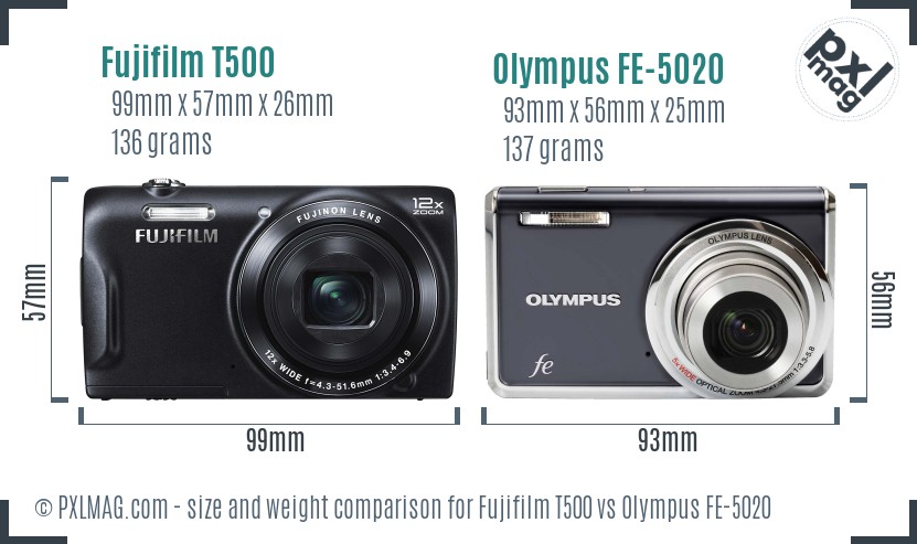 Fujifilm T500 vs Olympus FE-5020 size comparison