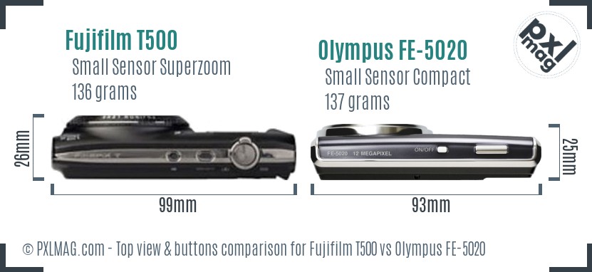 Fujifilm T500 vs Olympus FE-5020 top view buttons comparison