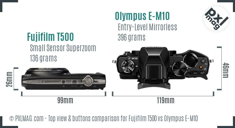 Fujifilm T500 vs Olympus E-M10 top view buttons comparison
