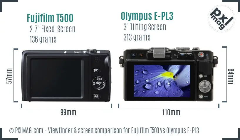Fujifilm T500 vs Olympus E-PL3 Screen and Viewfinder comparison