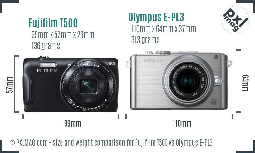 Fujifilm T500 vs Olympus E-PL3 size comparison