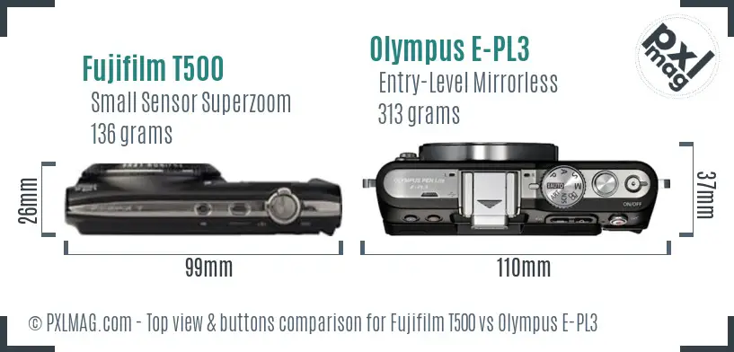 Fujifilm T500 vs Olympus E-PL3 top view buttons comparison