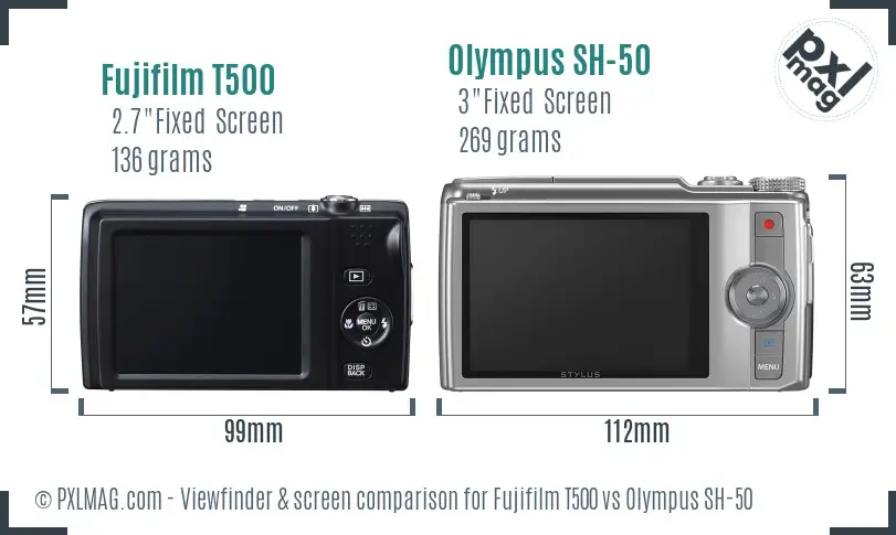 Fujifilm T500 vs Olympus SH-50 Screen and Viewfinder comparison