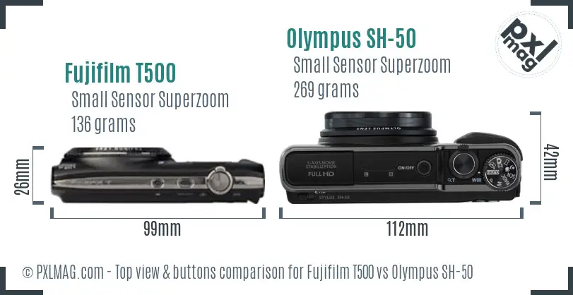 Fujifilm T500 vs Olympus SH-50 top view buttons comparison