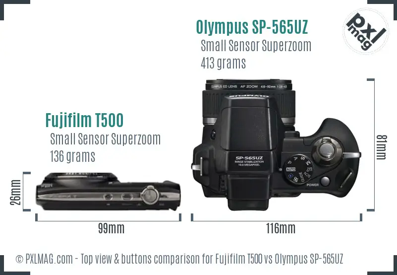 Fujifilm T500 vs Olympus SP-565UZ top view buttons comparison