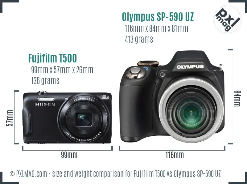 Fujifilm T500 vs Olympus SP-590 UZ size comparison