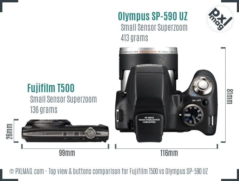 Fujifilm T500 vs Olympus SP-590 UZ top view buttons comparison