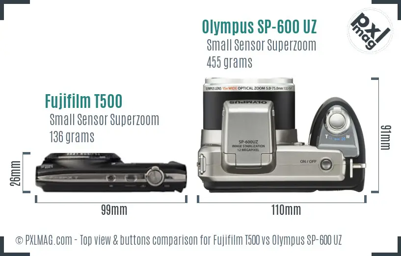 Fujifilm T500 vs Olympus SP-600 UZ top view buttons comparison
