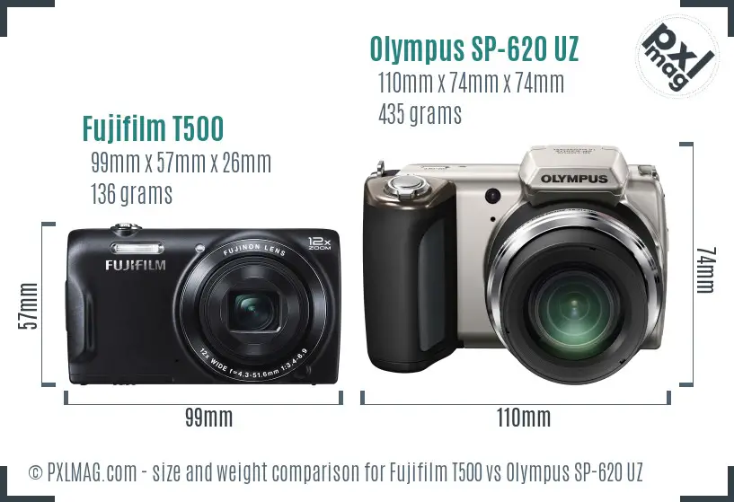 Fujifilm T500 vs Olympus SP-620 UZ size comparison