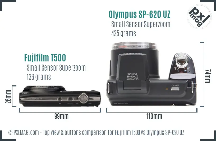 Fujifilm T500 vs Olympus SP-620 UZ top view buttons comparison