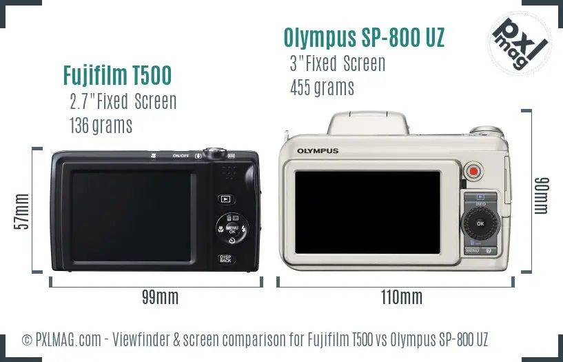 Fujifilm T500 vs Olympus SP-800 UZ Screen and Viewfinder comparison