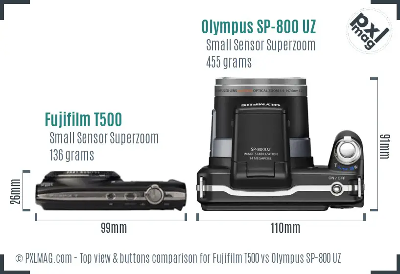 Fujifilm T500 vs Olympus SP-800 UZ top view buttons comparison