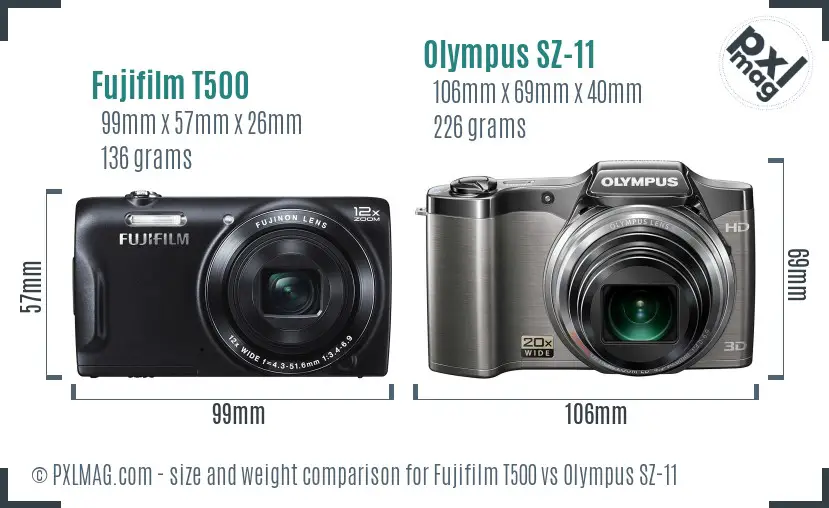 Fujifilm T500 vs Olympus SZ-11 size comparison