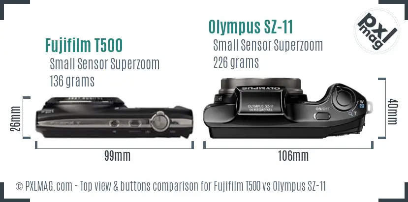 Fujifilm T500 vs Olympus SZ-11 top view buttons comparison