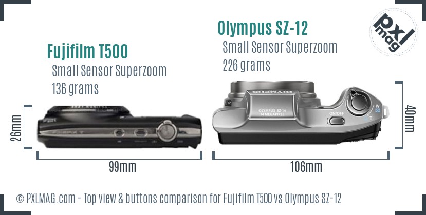 Fujifilm T500 vs Olympus SZ-12 top view buttons comparison