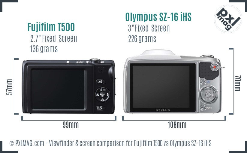 Fujifilm T500 vs Olympus SZ-16 iHS Screen and Viewfinder comparison
